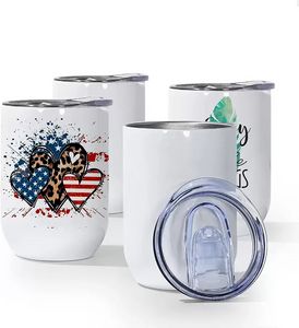 12Oz Sublimation Wine Tumblers Blanks Straight Stainless Steel Insulated Mug for Full Wrap Heat Transfer with Spill-Proof Sliding Lid for Coffee Cocktails B0503