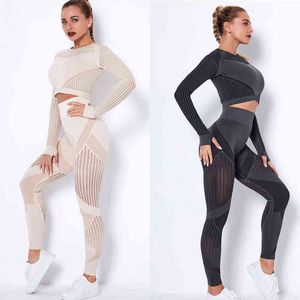 Workout-Sets für Frauen, 2-teiliges nahtloses Yoga-Outfit, Trainingsanzug, Yoga-Leggings mit hoher Taille und bauchfreies Top, Fitnessstudio-Kleidungsset T220725