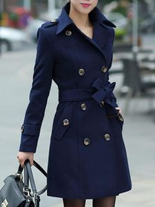 Women's Wool & Blends Women Trench Coat Turndown Collar Peacoat Dark Navy Woolen CoatWomen's