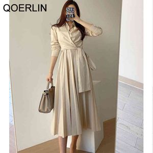 QOERLIN Minimalist French Elegant Lace Up Mid Length Dress Women White Pleated Dresses Long Sleeve ALine Shirts Vestidos Mujer 210412