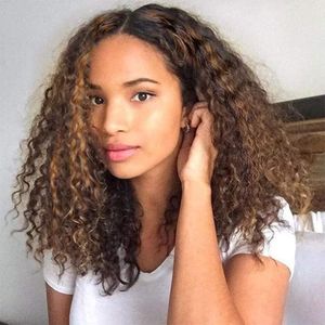 Honey Blonde Highlight Curly Lace Front Wig Human Hair For Black Women, 18 Inch T Part Lace Wigs Middle 13X4X1 150% Density