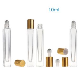 10 ml boş kalem kare temizle cam rulo şişe üzerinde altın kap ile paslanmaz çelik rulo top için uçucu yağ parfüm SN6470