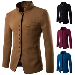 Men's Wool & Blends Wholesale- 2022 Autumn Winter Fashion Solid Mandarin Collar Coats Single Breasted Slim Fit Casual Thick Blaze