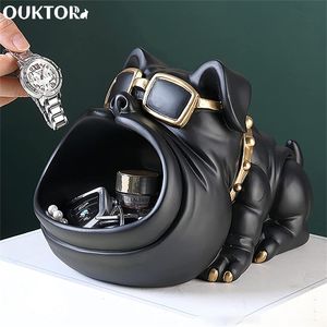 3D Cool Dog Statue Big Mouth Bulldog Sculpture Table Decoration Desk Candy Sundries Storage Box Coin Bank Home Sculpture Decor 220525