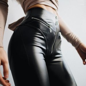 Kvinnors byxor Capris 2022 Mode Kvinnor Sexiga PU Läder Leggings With Front Zipper High Waist Push Up Faux Latex Rubber Leggings1