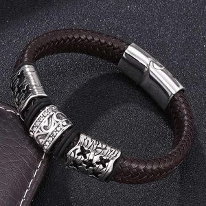 Charm Bracelets Fashion Brown Men Leather Bracelet Stainless Steel Magnet Clasp Bangle Vintage Men's Jewelry Gifts BB0121Charm