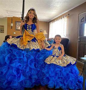 تقليدي تشارو المكسيكي منتفخ كرات الثوب Quinceanera الفساتين الملكية الأزرق الأزرق متدرج الأشرطة الطويلة