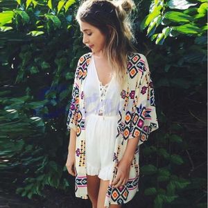 Polos kobiet seksowne kobiety szyfonowe geometria luźna szal kimono kardigan boho płaszcz z płaszczem BlouseWomen's