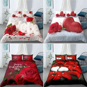 Copripiumino Queen King Rose rosse San Valentino Coppia di sposi Set di biancheria da letto floreale 2/3 pezzi Piumino morbido floreale con cuore d'amore