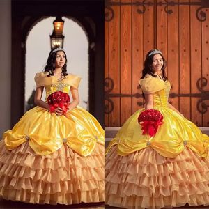 One pcs Gold Ball Gown Prom Dress Princess Banquet Off Shoulder Tiered Skirts Sweet 15 16 Quinceanera Evening Dresses Birthday Party Special Occasion Gowns