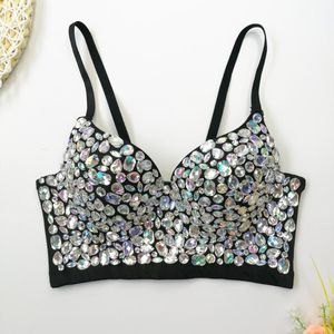 Kadın Tankları Camis Rhinestone Ab Renkli Elmas Tüp Üst Dikkatli Makine Derin V Sarma Göğüs Sahne Performansı Sling Kadın Bar Crop Topsw