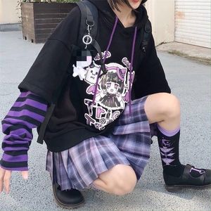 Deeptown Kawaii Hoodie 여성 게이머 소녀 애니메이션 대형 스웨터 블랙 하라주쿠 후드 하이 스트리트 KPOP 귀여운 풀 오버 E 220406