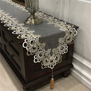 Oval Coffee Table Runner Embroidered TV Cabinet cloth Lace Pendant Tassel Dresser Tea Flag Dust Cover Wedding Decor 220615