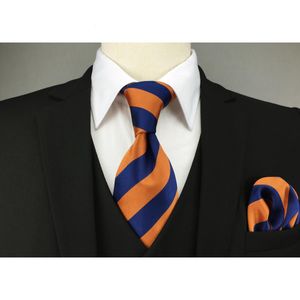 E27 Navy Blue Orange Striped Silk Mens Necktie Set Wedding Dress Ties For Male Brand Classic Hanky Extra Long