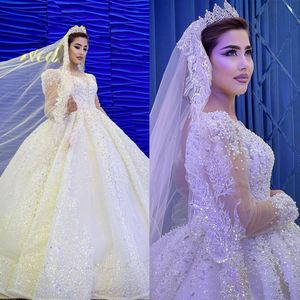 Luxury O Neck Ball Gown Wedding Dresses Beads Pearl Vestido de Noiva Satin Full Sleeve Arabic Dubai Bridal Dress