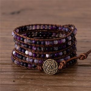 Charm armband handgjorda läder wrap armband boho frostad lila onyx agat pärlstav 5 rader vänskap gåvor dropcharm