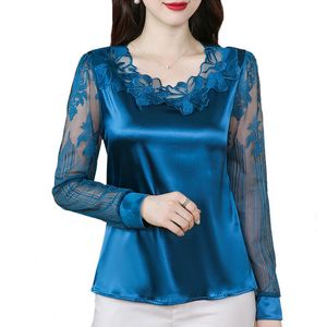 Kvinnors blusar skjortor m-4xl elegant långärmad spetsskjorta sömmar satin blus mode kvinnor blomma pullover toppar casual klädkvinnor