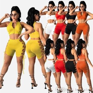 2022 Summer Designer Womans Tracksuits Two Piece Set Zipper Hollow Out Bandage Outfits Sexy Sleeveless Vest Shorts Suit