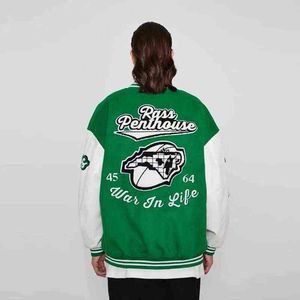 Spring Baseball Jackets Men Letter Embroidery Baseball Uniform Coats Male Trendy Patchwork Leather Loose Varsity Jacket Green T220816