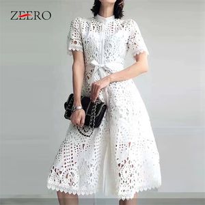 Women Vintage Summer Flower Embroidery Short Sleeve Hollow Out Lace Midi Dress Elegant Female Sexy Sashes Party Dresses Vestidos 220613