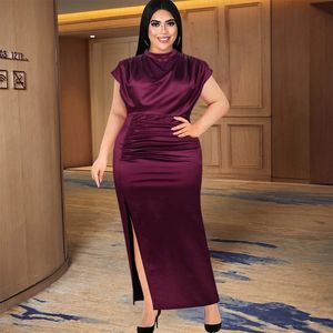 بالإضافة إلى الحجم 4XL Party Dress Women Slit Alegant High Twlar Burgundy مطوية الساتان Maxi Retmi