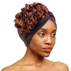 Donne Fiore Ruffle perline Turbante Caps Elastico Beanie Islamico Musulmano Hijab Cappello Bonnet Cancro Chemio Cap Africano Testa Wrap Hat