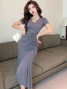 ワークドレス韓国の伸縮性服2ピース衣装女性カジュアルフォールド半袖トップTシャツMERMAID MIDI SKIRT FEMME MUJER SLIM SETSW
