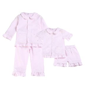 100 % Baumwolle Seersucker Zweiteiler Frühling Sommer Rosa Rüschenknopf Kinderpyjamas Jungen und Mädchen Osterpyjamas-Sets 220721