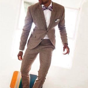 Męskie Garnitury Blazers Najnowsze Płaszcz Spodnie Wzory Brown Tweed Custom Oblubieniec Smokciany Wesele Dla Mężczyzn Slim Fit 2 Sztuk Terno Kurtka + Spodnie