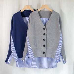 Women's Knits & Tees Woman Autumn Fashion Sweaters Women Patchwork Srtiped Knitting V-Neck Knitted Button Cardigans Loose Coats Blue Tops Mu