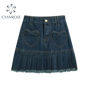 High Waist Y2k Pleated Denim Skirt Women Casual Love Graphic Pocket Blue Washed Mini Summer Streetwear E-girl Outfits 220322