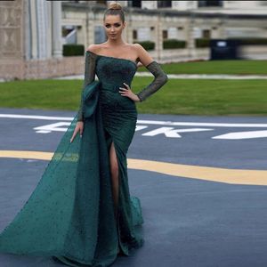 Hunter Green Pearls Mermaid Evening Dresses With Detachable Overskirt One Shoulder Long Sleeve Slit Prom Gowns 326