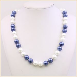 Collana annodata a mano naturale 10mm blu bianco conchiglia catena maglione perla rotonda 18 pollici