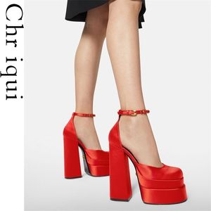 Chriqui Fashion Lady ThicK High Heels Platform Waterprof Red Yellow Women Pumps Plus Size Handmade Female Footwear