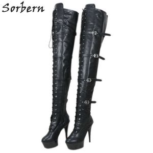 Sorbern Matt Black 허벅지 높은 여성 부츠 15cm 20cm 스트리퍼 발 뒤꿈치 플랫폼 스트랩 버클 부츠 맞춤형 와이드 송아지 슬림 다리 신발