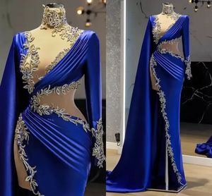 Nya blå sexiga eleganta aftonklänningar Långa ärmar med wrap -applikationer Högdelade arabiska kvinnor Prom Party -klänningar skräddarsydda BC14074
