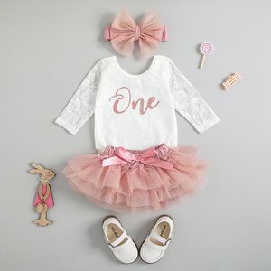 Clothing Sets Born Baby Girls 1st Birthday Clothes 3pcs Letter Lace Long Sleeve Romper Tutu Skirts Headband 0-24MClothing