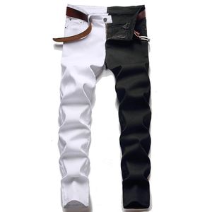 Męskie dżinsy męskie amerykańskie style modne szwy wąskie dwukolorowe białe i czarne Trend spodnie ze stretchem spodnie dżinsowe