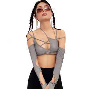 Cyber Y2k Techwear Punk Women Halter Tops Gothic egirl Patchwork Long Sleeve Crop Top Sexy Cut Out Casual T-shirts