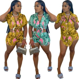 Lady Leaves Print Sexy Two Piece Outfits Tracksuits Home Suit for Women Notched Neck Short Sleeve Crop Top Biker Short Vacation Matching Sets