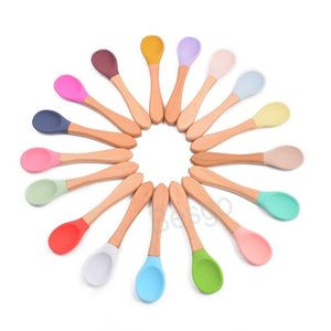 Kitchen Eco-friendly Silicone Wood Spoon Fork Children Soup Spoons Kids Wooden Handle Silicone Cake Forks Coffee Scoops Teaspoon BH7392 TYJ