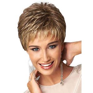 Nxy Wigs Gnimegil Synthetic Ladies with Bangs Short Pixie Cuts Blonde Mix Brown Mommy Good Quality Cheap for White Women 220528