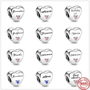 Ciondolo in argento sterling 925 a forma di cuore Nonna Nanna fidanzata Nipote Perline Bead Fit Pandora Charms Bracciale Accessori gioielli fai da te