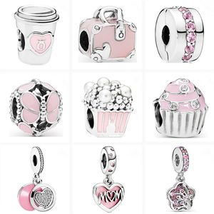 Новый популярный 925 серебряный серебряный европейский розово -розовый стиль Butterfly Cup Cup Suitcale Sweet Charm Clip Beads для оригинального серебряного браслета Pandora Diy Женские украшения