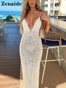 Zenaide 2022 Sommer V-ausschnitt Gestrickte Strand Kleid Bodycon Aushöhlen Strap Sexy Maxi Backless Kleider Weiß Frauen Club Outfits y220413