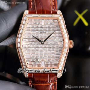 TWF Malte Paved Baguette Diamonds Dial A21j Automatic Mens Watch Rose Gold Iced Out Diamond Bezel Brown Leather Strap Super Edition Jewelry Watches Puretime 05c3