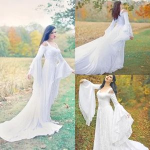 Фэнтези -сказочные средневековые свадебные платья зашнуруются на заказ из плеча с длинными рукавами поезда поезда полные кружевные свадебные платья высокое качество