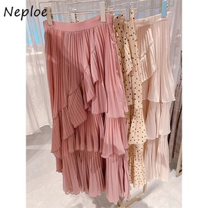 Neploe Japan Style Vintage Polka Dot Women kjol oregelbundna ruffles femme jupe hög midja bodycon midlängd chiffong kjolar 210311