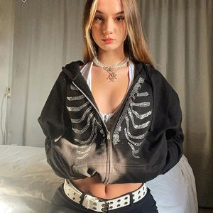 Jaqueta feminina Y2K Strass Skeleton Hoodies Feminina Gothic Black Zip Up Oversized Sweatshirts Feminina Retro Harajuku Jaqueta com Capuz Streetwear 22H0817