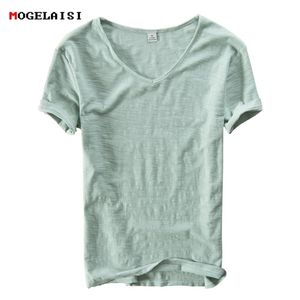 Summer Men linen cotton t shirt men short sleeve Vneck breathable soft Loose Thin white tshirt men Asian size MXXXL 201 220521